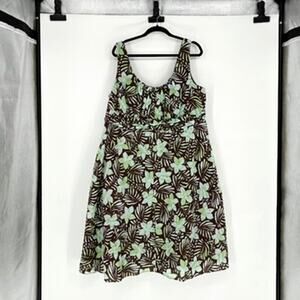 Brown & Green Tropical Floral Cotton Midi Sundress - Plus 22W (Travel - Resort)